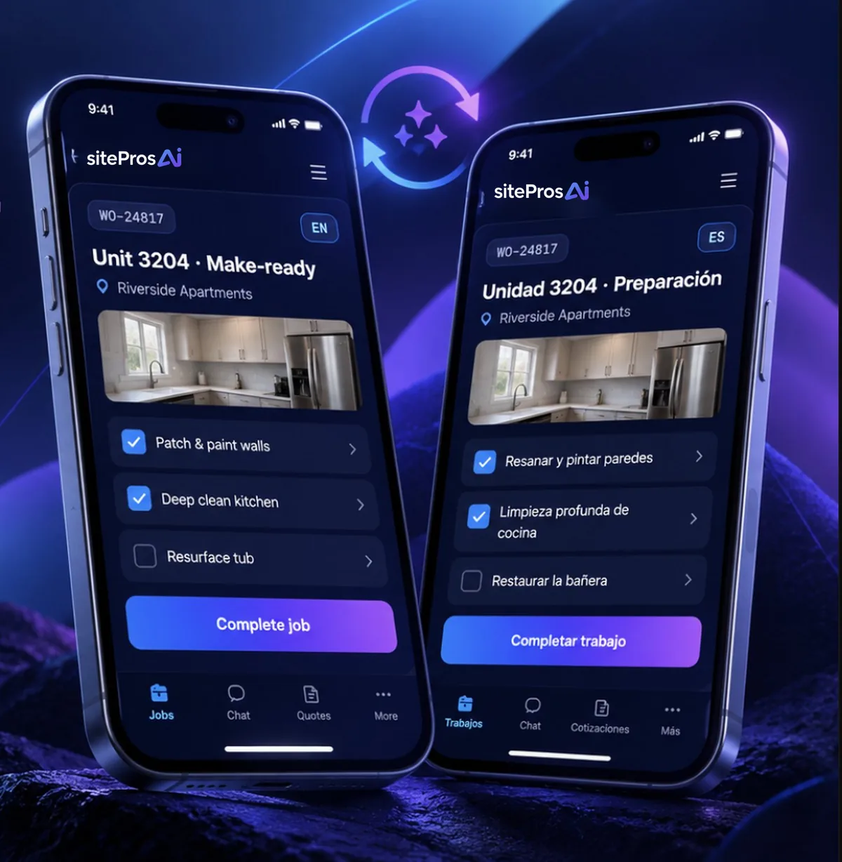 Crew app showing the same work order in English and Spanish