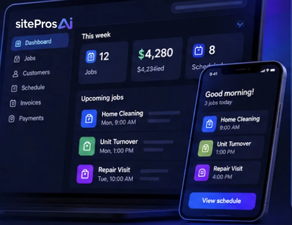 siteProsAI dashboard and mobile app showing this week's jobs